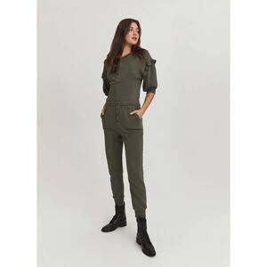 Something Navy Esmeralda Olive Green Terry Ruffle Henley Puff Sleeve Jumpsuit S